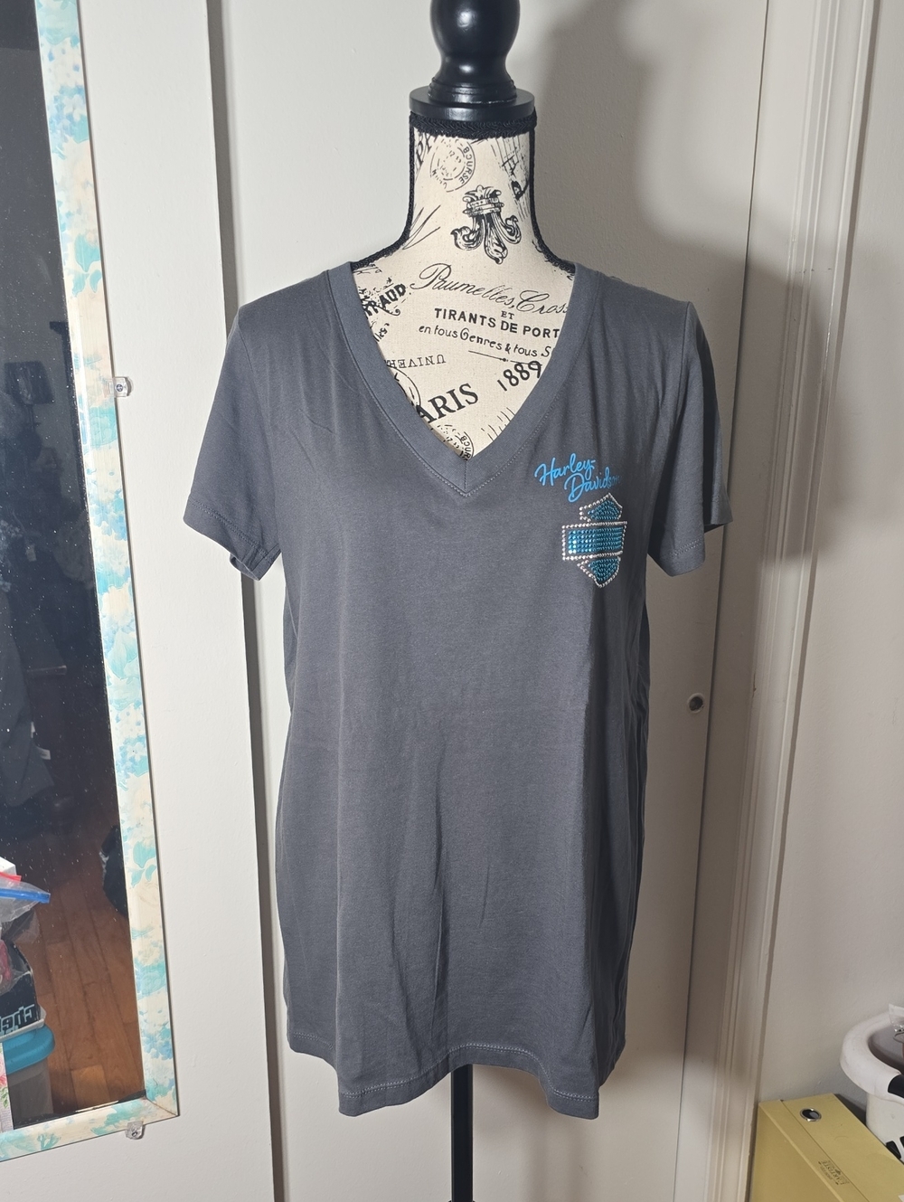 Harley-Davidson Charcoal Gray V-Neck Short Sleeve Tee with Crystal Insignia